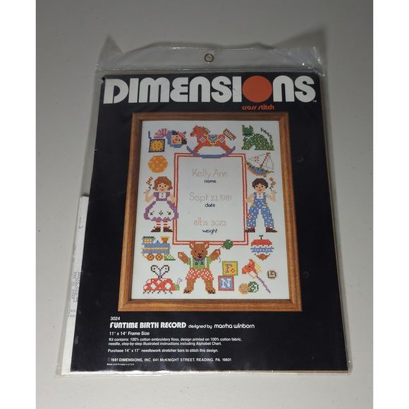 Vintage Dimensions 1981 Funtime Birth Record 3024 Cross Stitch by Marsha Winborn - Picture 1 of 4